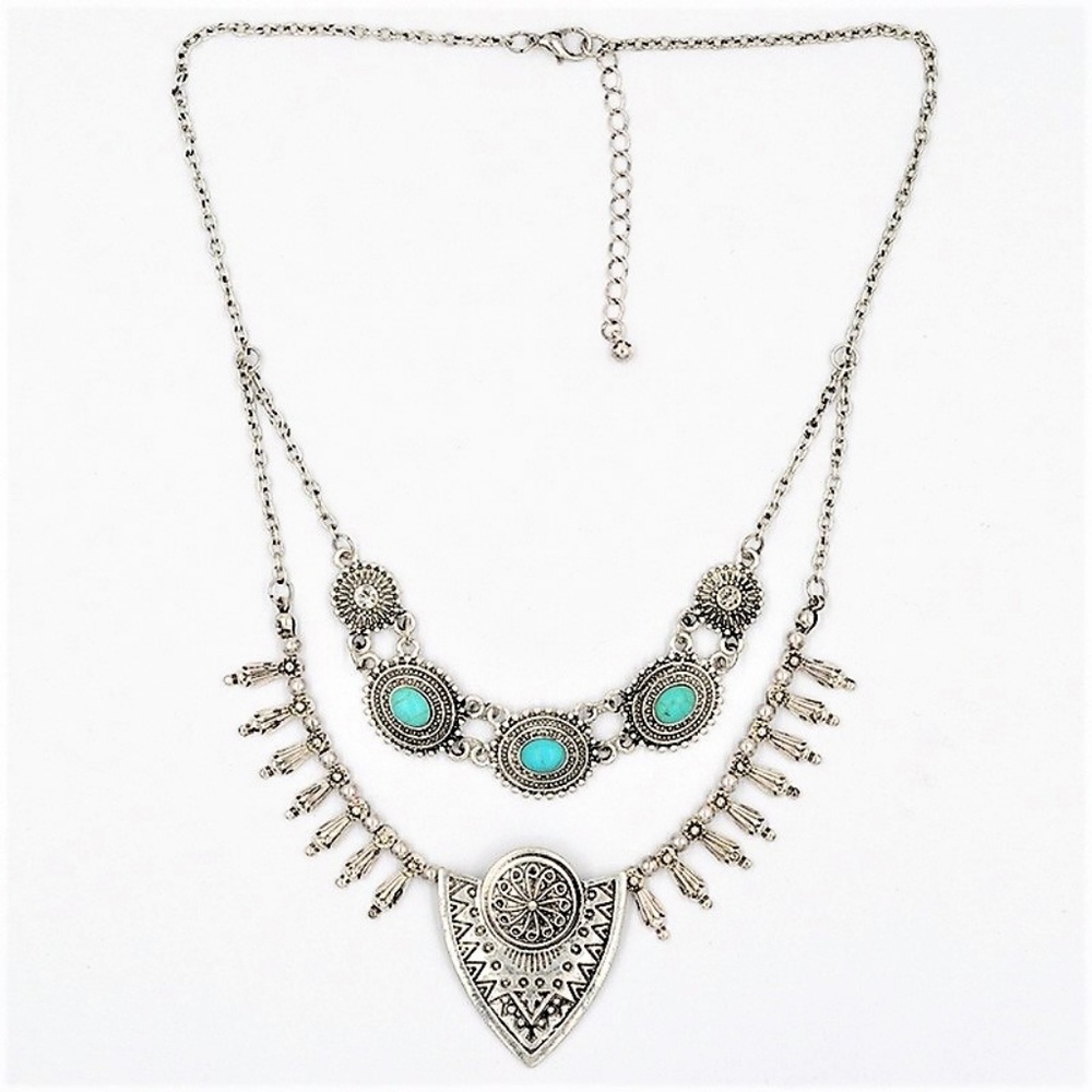 N9 | Boho Multi Layer Silver Pendant Necklace - Picture 3 of 4